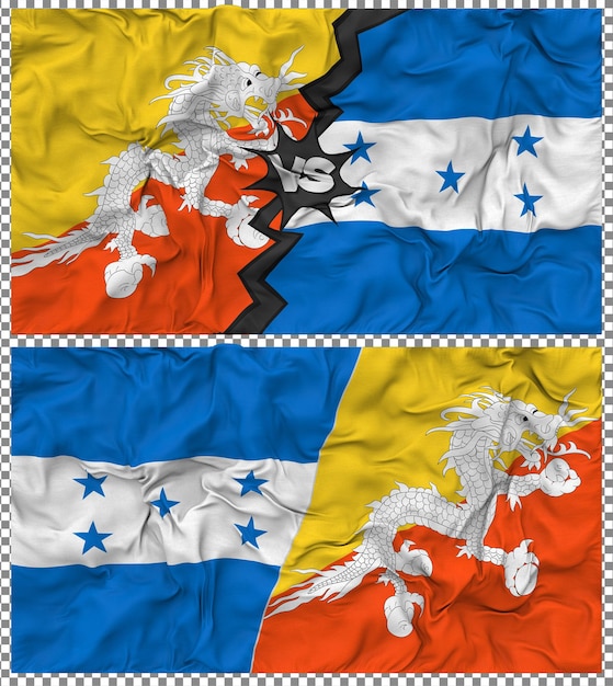 Honduras gegen Bhutan Halbkombinierte Flagge Stoff-Bump-Textur 3D-Rendering