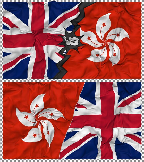 Hong Kong contra el Reino Unido Media bandera combinada Tejido Bump Textura Renderizado en 3D