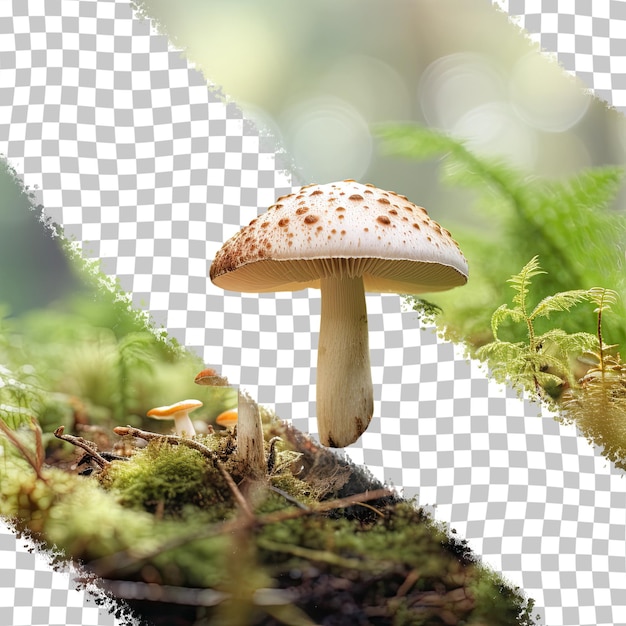 Un hongo comestible silvestre que crece sobre fondo transparente de musgo del bosque