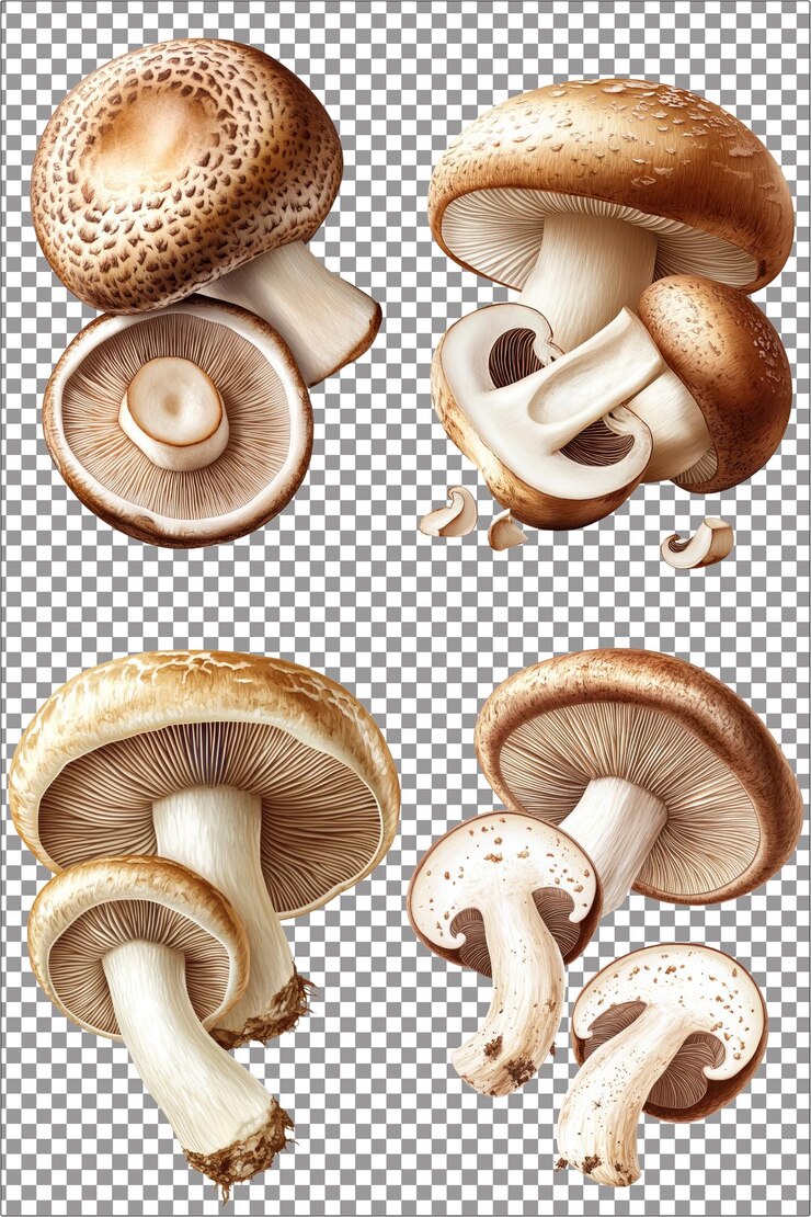 hongos de champignon enteros y divididos en dos hongos versátiles y frescos hiperrealistas aislados