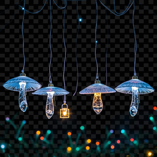 Los hongos de cristal con cuerdas decorativas y las pequeñas linternas Las luces de neón pulsan suavemente desde el hongo C