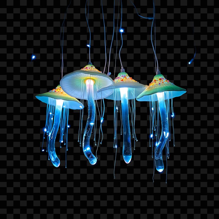PSD los hongos de cristal con cuerdas decorativas y las pequeñas linternas las luces de neón pulsan suavemente desde el hongo c