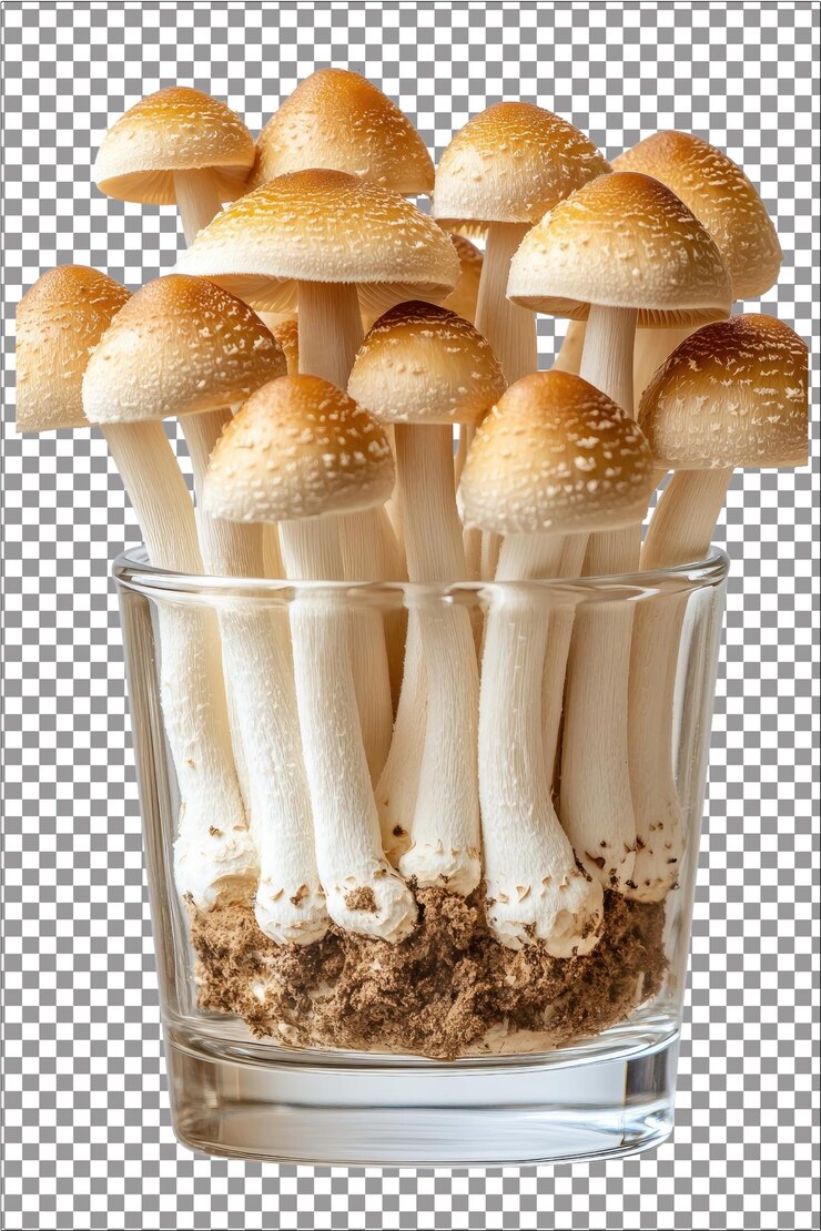 Los hongos silvestres de Shimeji en un vidrio Exóticos hongos exhibidos hiperrealistas Llanura blanca aislada Transpa