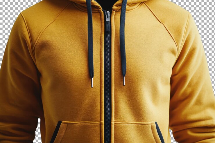 PSD hoodie giallo casuale con accenti neri visualizzato su uno sfondo semplice pronto per l'usura d'autunno