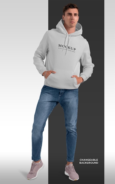 Hoodie-Modell isolierter Mann auf veränderlichem Hintergrund