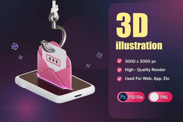 Hook is tricking into pressing emails and stealing passwords 3d rendering