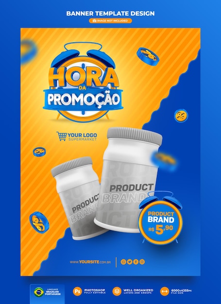 PSD hora do banner para promoção no brasil 3d render no brasil template design em português