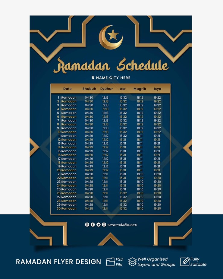 PSD horario de ramadán 2023 tiempo editable diseño de oro azul