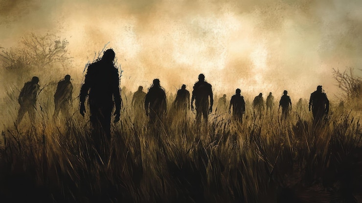 PSD horda de silhuetas de mortos-vivos numa paisagem desolada