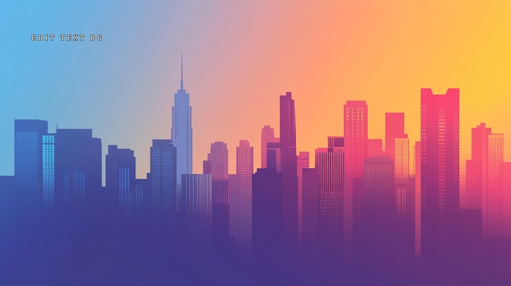 PSD l'horizon coloré de la ville au coucher du soleil représenté dans un style de silhouette minimaliste avec un fond en gradient