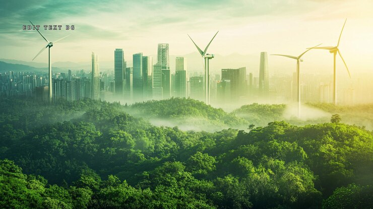 PSD l'horizon vert de la ville avec des turbines éoliennes et une forêt luxuriante