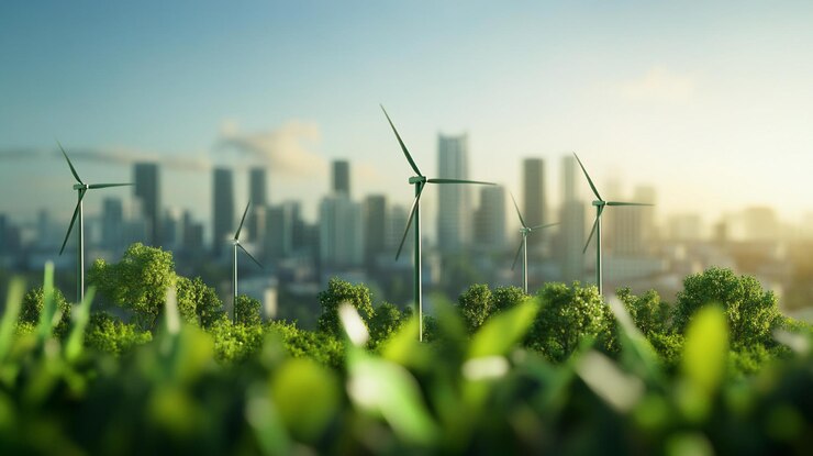 PSD l'horizon vert de la ville avec des turbines éoliennes et un premier plan luxuriant