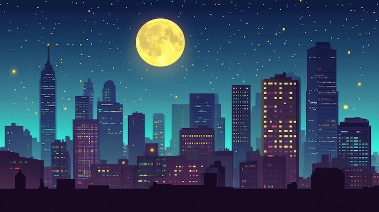 PSD l'horizon de la ville la nuit avec une lune pleine
