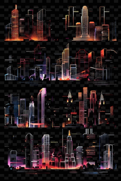 PSD les horizons lumineux de la ville composés de silhouettes architecturales y2k texture forme arrière-plan art de décoration