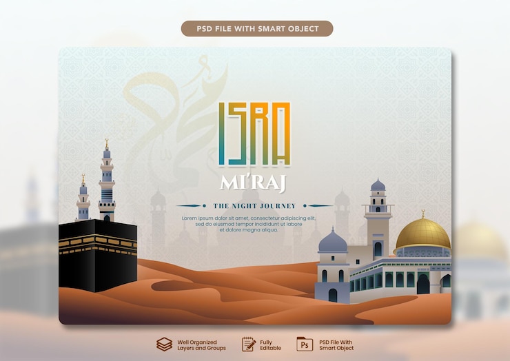 PSD horizontal banner of isra mikraj the night journey of prophet muhammad illustration
