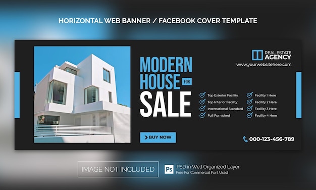 Horizontale banner- oder facebook-cover-werbevorlage für immobilien-haus-eigenschaften