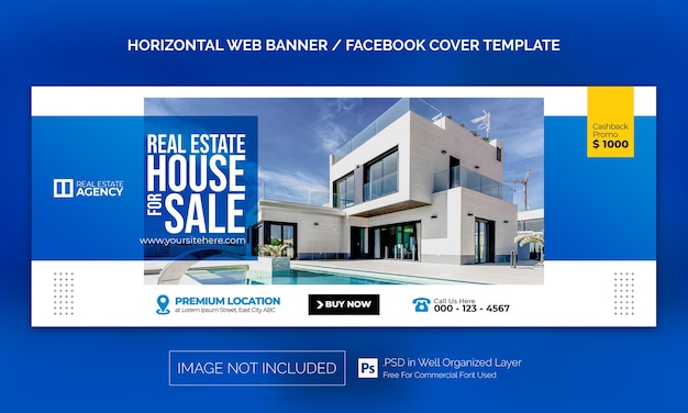 Horizontale banner- oder facebook-cover-werbevorlage für immobilien-haus-eigenschaften