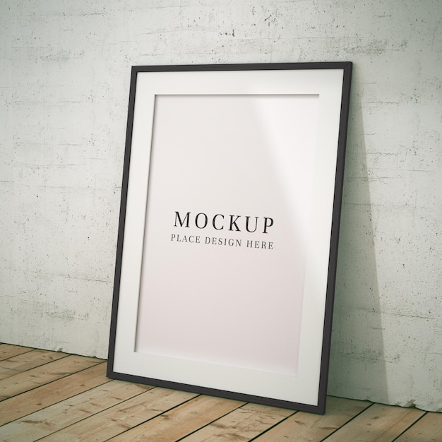 Horizontaler Posterrahmen-Mockup auf Holzboden mit Betonwand