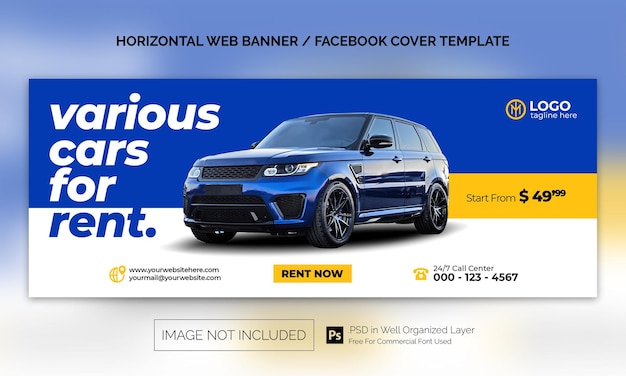 Horizontales Banner oder Facebook-Cover-Werbevorlage für den Autovermietungsverkauf