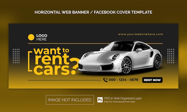 Horizontales Banner oder Facebook-Cover-Werbevorlage für den Autovermietungsverkauf