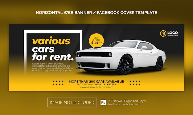Horizontales Banner oder Facebook-Cover-Werbevorlage für den Autovermietungsverkauf