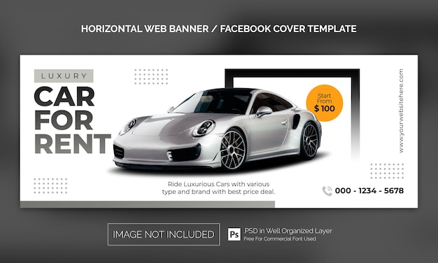 Horizontales Banner oder Facebook-Cover-Werbevorlage für den Autovermietungsverkauf