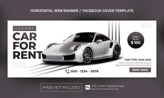 Horizontales Banner oder Facebook-Cover-Werbevorlage für den Autovermietungsverkauf