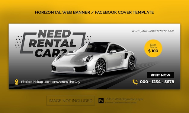 Horizontales Banner oder Facebook-Cover-Werbevorlage für den Autovermietungsverkauf