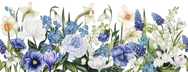 Horizontales Muster mit Frühlingsblumen Aquarell-Pansies Schneeflocken Lilien des Tals Muscari