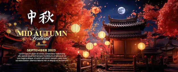 PSD horizontales psd-mittherbstfest-banner mit vollmond-nachtlampion des traditionellen chinesischen schlosses