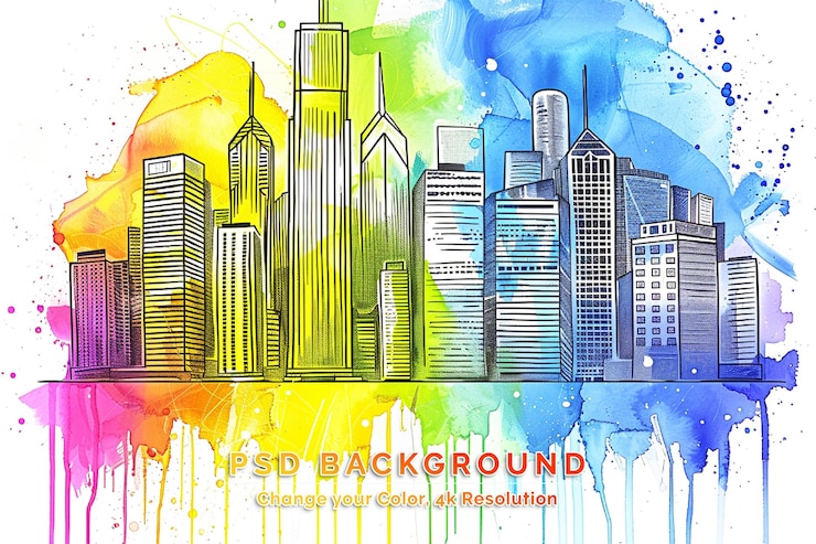 PSD el horizonte del centro de la ciudad de seattle, washington, en colores de salpicaduras de pintura aislados sobre un fondo blanco