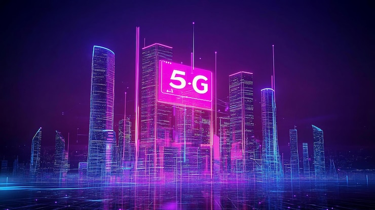 PSD horizonte de la ciudad futurista con un cartel de la red 5g