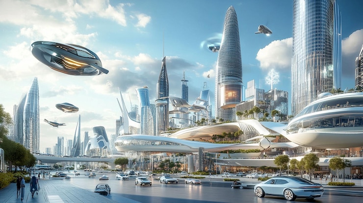 PSD el horizonte de la ciudad futurista con coches voladores y arquitectura avanzada