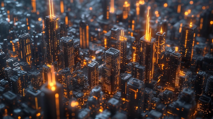 PSD el horizonte de la ciudad futurista por la noche con luces naranjas brillantes