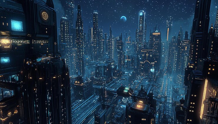 PSD el horizonte futurista de la ciudad por la noche con edificios brillantes y cielo estrellado
