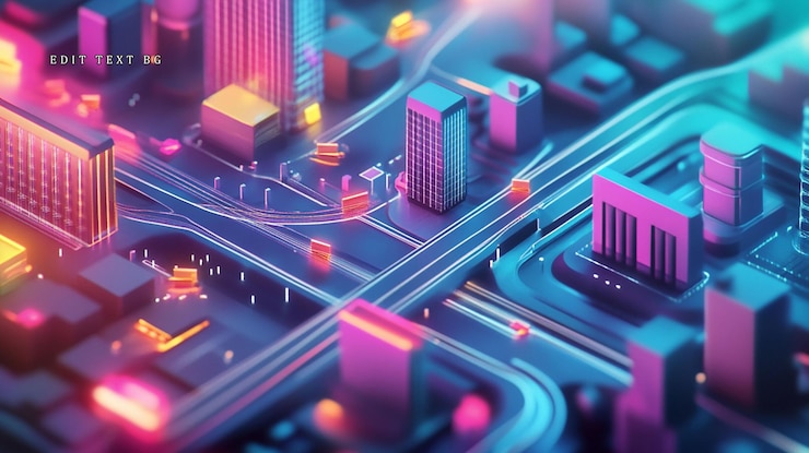 PSD horizonte isométrico de la ciudad iluminado con neón con carreteras y edificios vibrantes