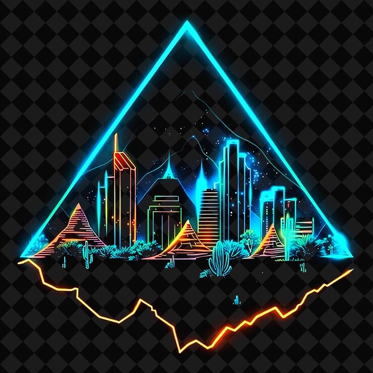 PSD el horizonte radiante de neon phoenix dentro de una silueta triangular png y2k monoline cityscape colage art