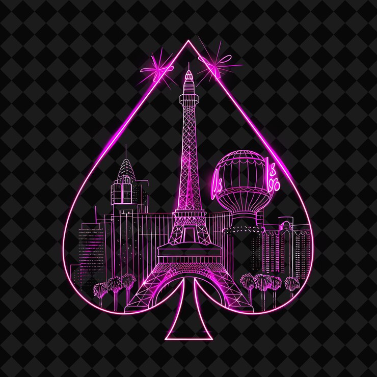 PSD el horizonte de las vegas de neón brillante dentro de una silueta en forma de pala png y2k monoline cityscape collage art