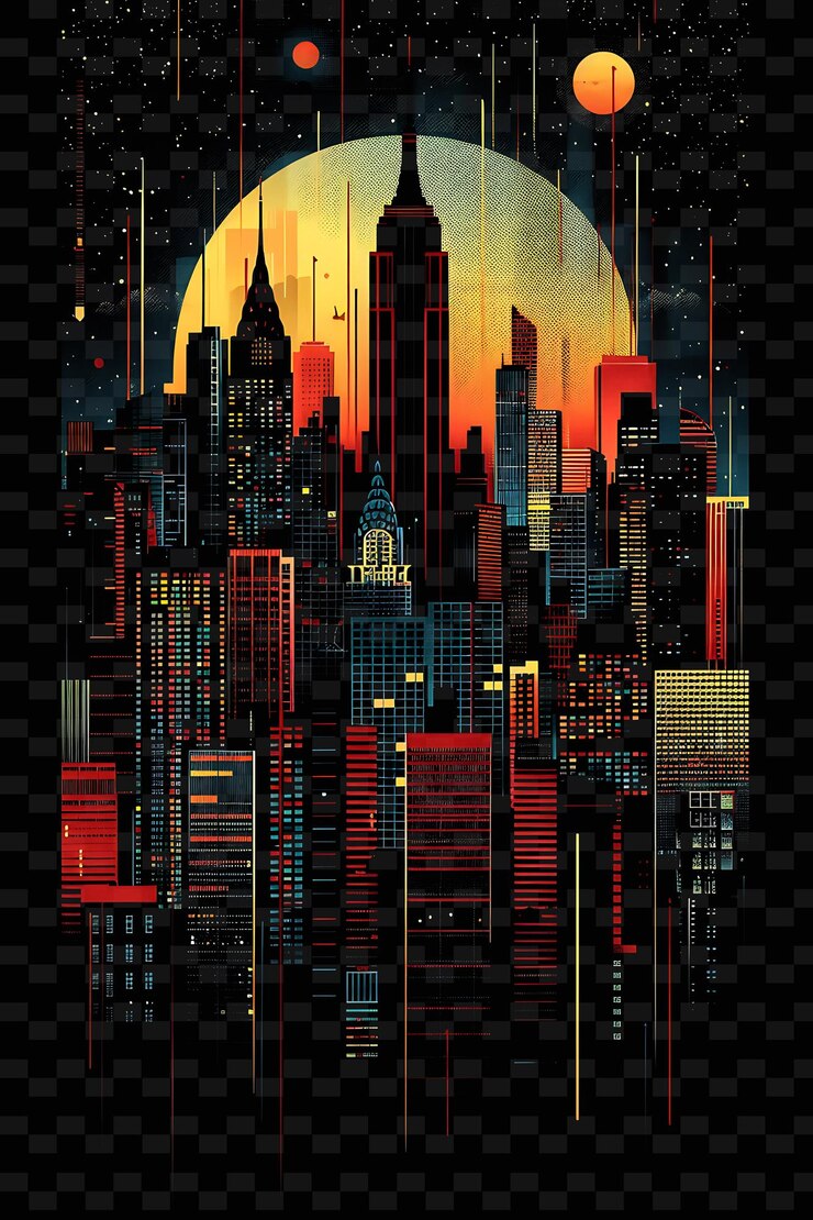 PSD los horizontes luminosos de la ciudad compuestos de siluetas arquitectónicas y2k textura forma arte de decoración de fondo