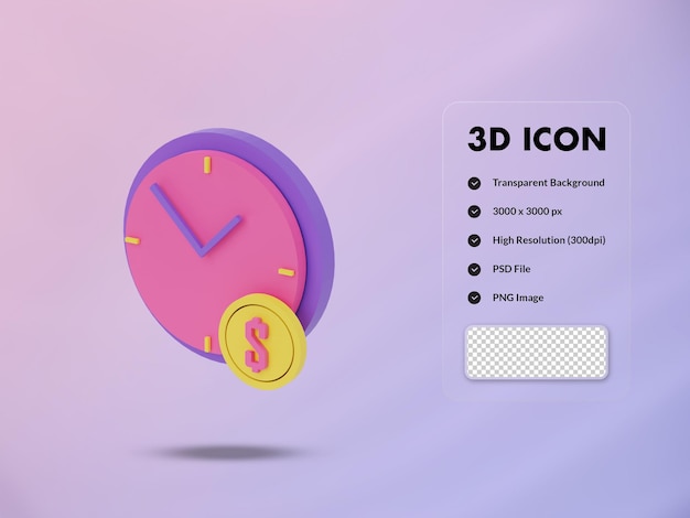PSD horloge 3d et icône de pièce de monnaie dollar illustration de rendu 3d