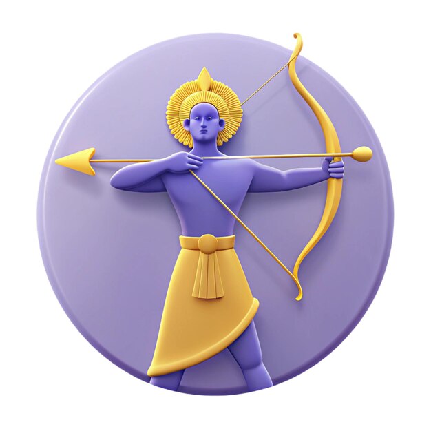 une horloge violette et jaune avec un arc et une flèche en or pointant à droite