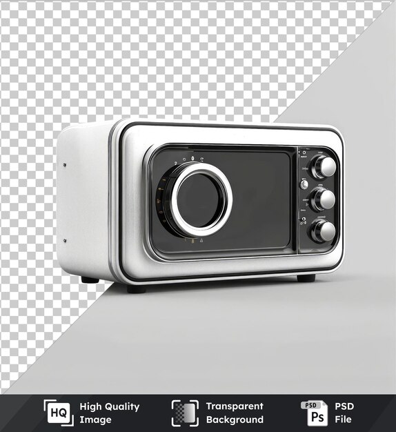 PSD horno de microondas psd de alta calidad con puerta plateada y pantalla negra que proyecta una sombra oscura