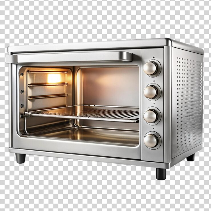 PSD un horno tostador de plata con una bandeja de plata en el interior en un fondo transparente
