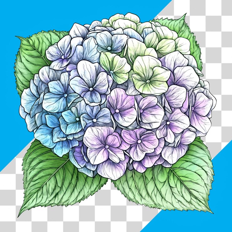 PSD hortensia de colores sobre un fondo transparente
