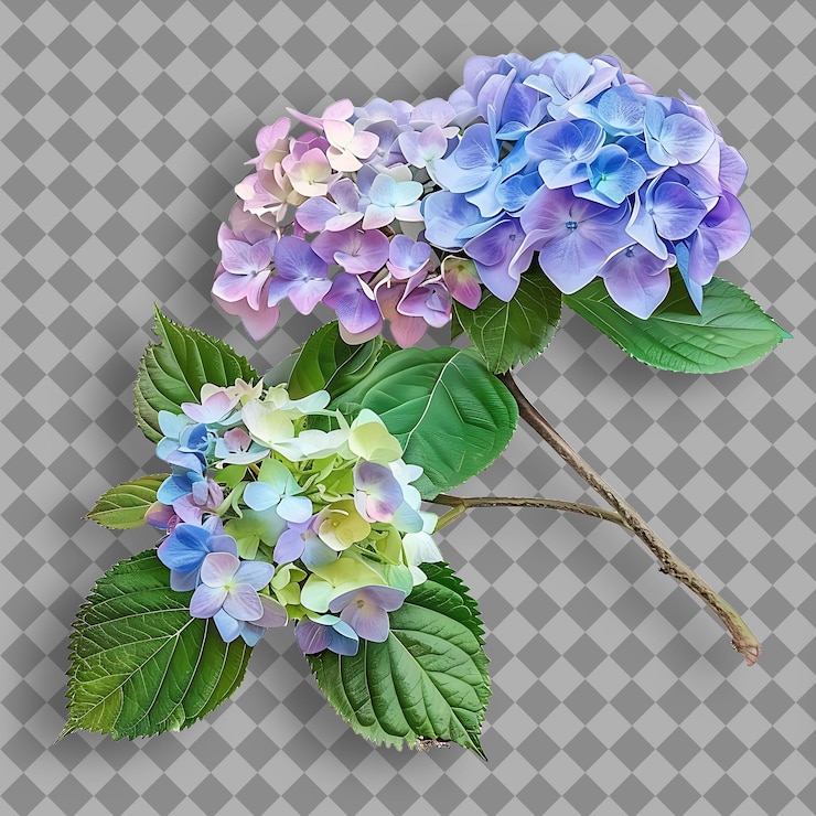 PSD hortensia con rama recta y robusta cubierta en una gran rama de árbol aislada y llamativa en bg limpio