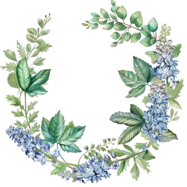Hortensias azules y corona de hojas verdes aisladas sobre un fondo blanco AIG56