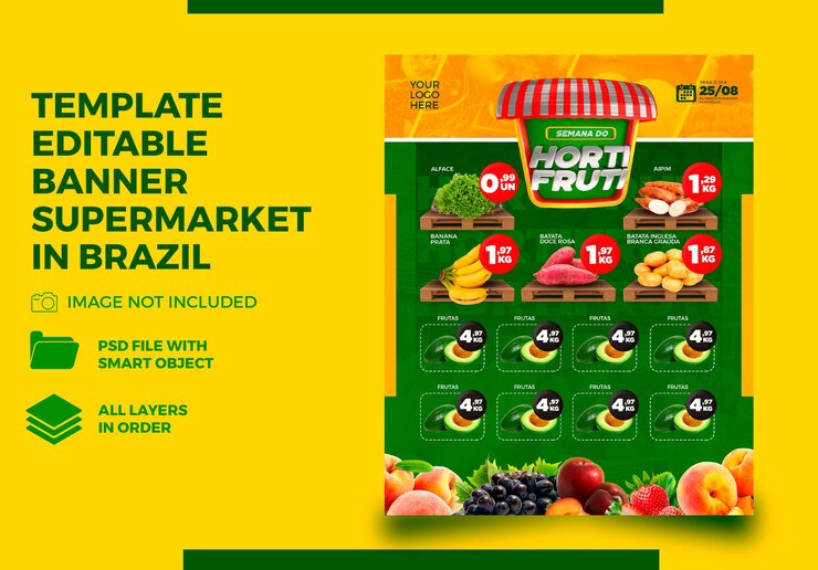 PSD hortifruti de banner de modelo para composição de supermercado