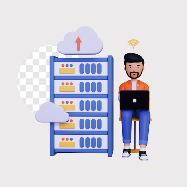 Hospedagem em nuvem 3D com personagem masculino usando laptop