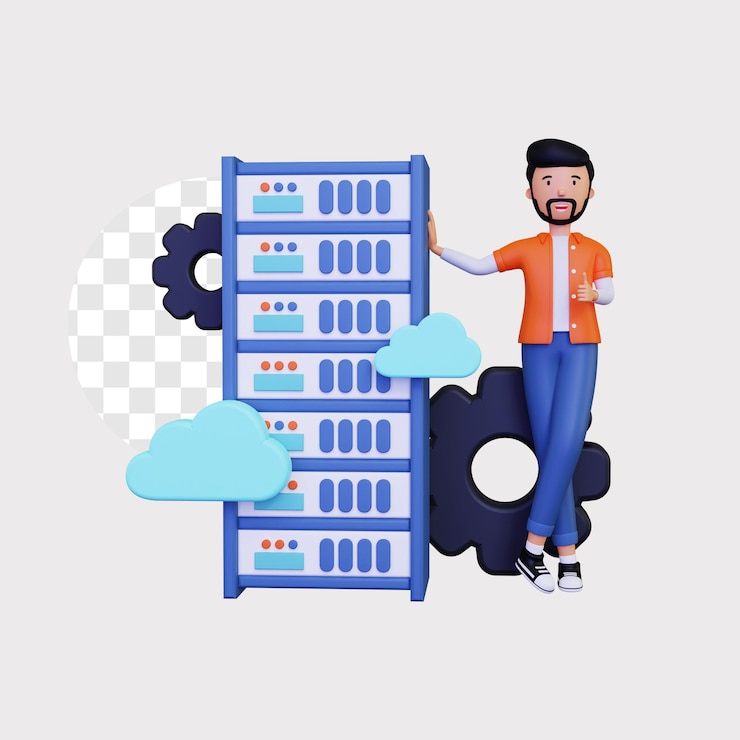 PSD hosting cloud 3d con un personaggio maschile che mostra i pollici in su