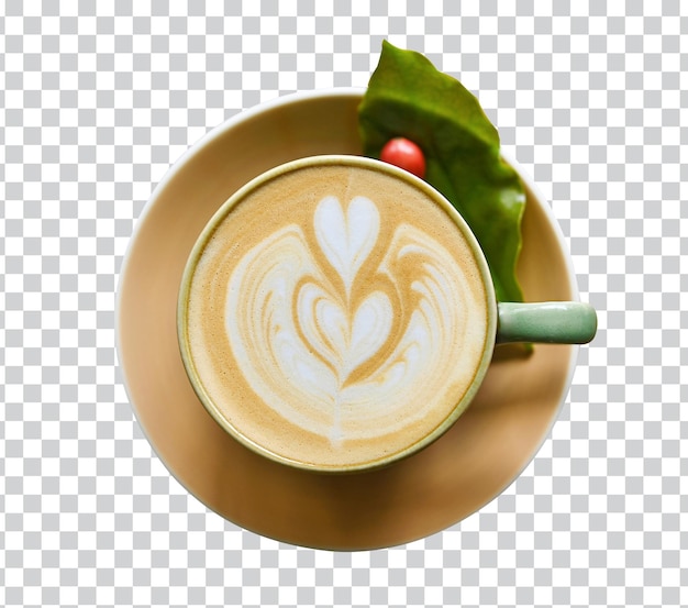 Hot coffee latte art herzform schaum in keramikbecher und kaffee blatt und samen premium foto psd